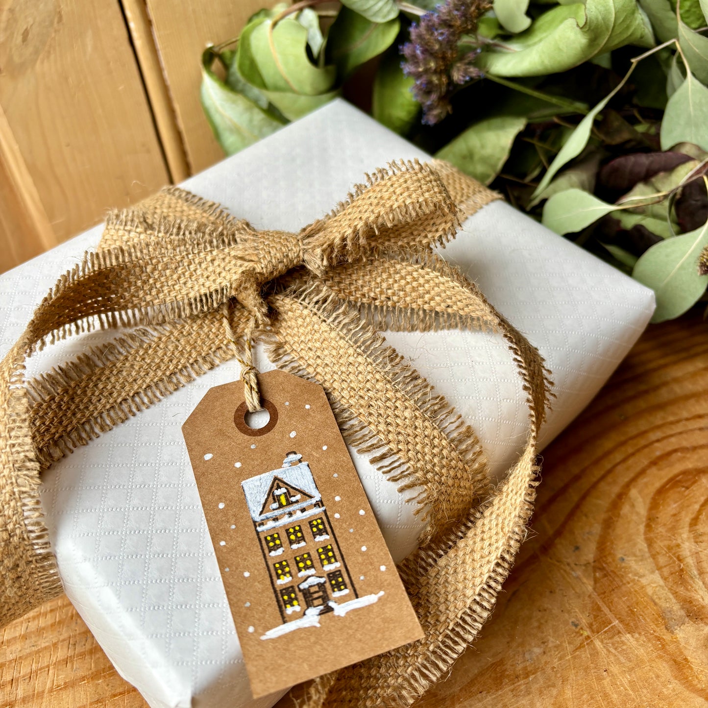 Hand Made Gift Tags pack of 10, Hand Stamped gift tags with string, Scandi House, Snowy Scene