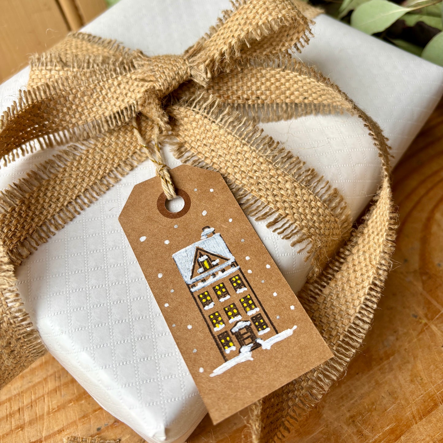 Hand Made Gift Tags pack of 10, Hand Stamped gift tags with string, Scandi House, Snowy Scene
