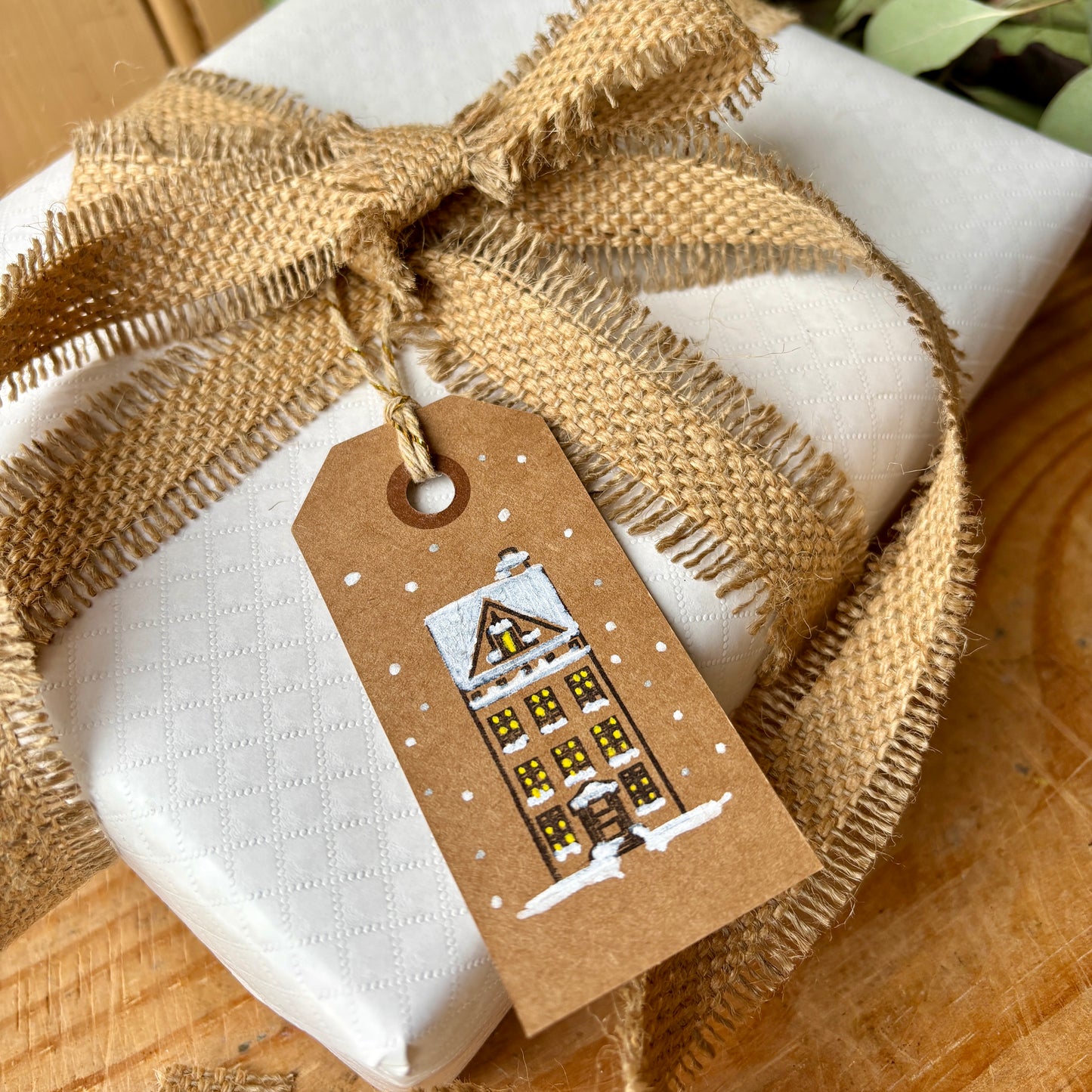 Hand Made Gift Tags pack of 10, Hand Stamped gift tags with string, Scandi House, Snowy Scene