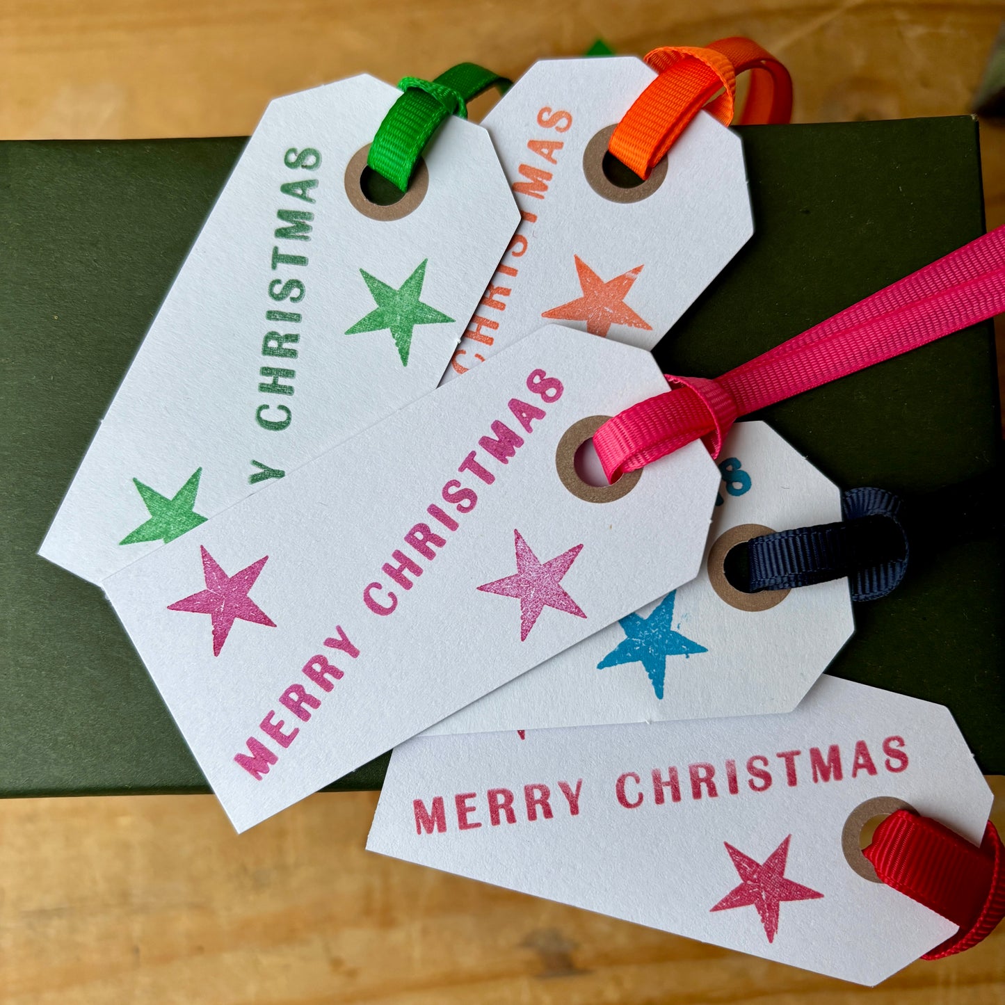 Hand Made Gift Tags pack of 10, Hand Stamped gift tags with ribbon, Multicolour, Rainbow