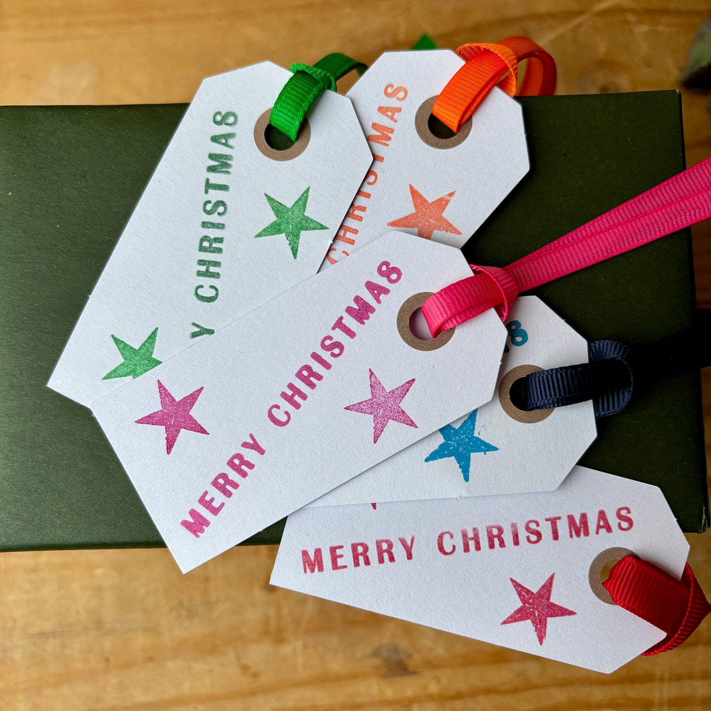 Hand Made Gift Tags pack of 10, Hand Stamped gift tags with ribbon, Multicolour, Rainbow