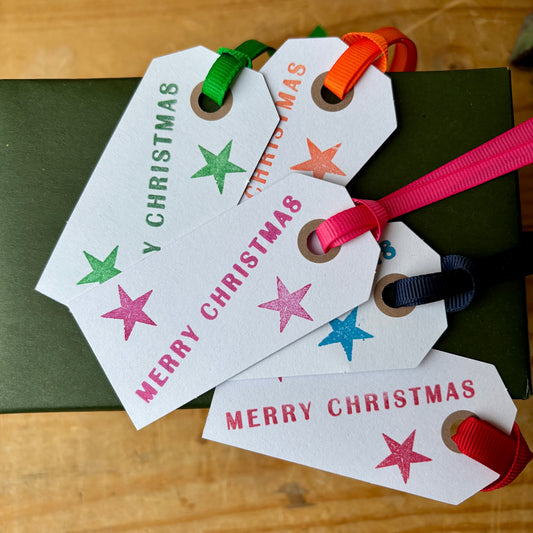 Hand Made Gift Tags pack of 10, Hand Stamped gift tags with ribbon, Multicolour, Rainbow