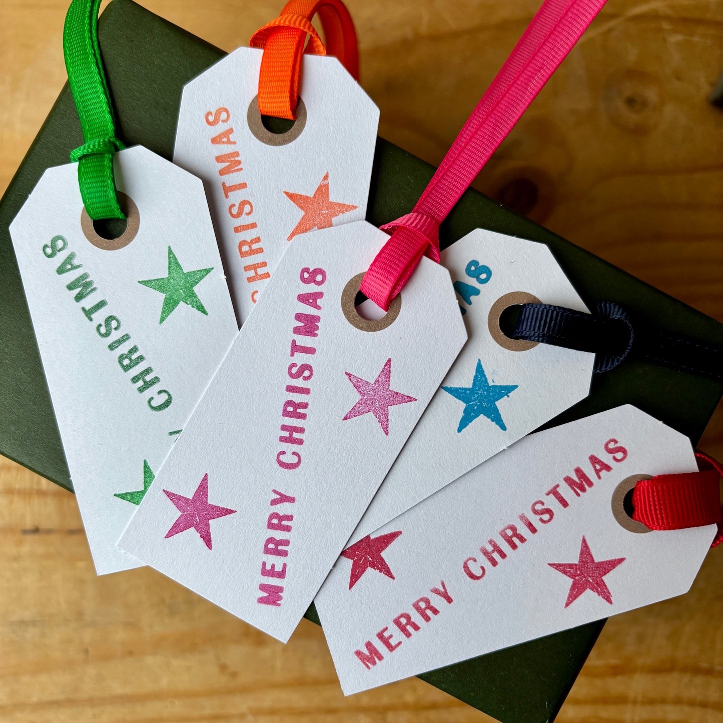 Hand Made Gift Tags pack of 10, Hand Stamped gift tags with ribbon, Multicolour, Rainbow