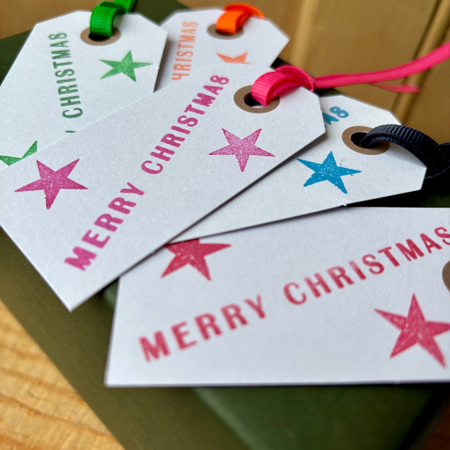 Hand Made Gift Tags pack of 10, Hand Stamped gift tags with ribbon, Multicolour, Rainbow