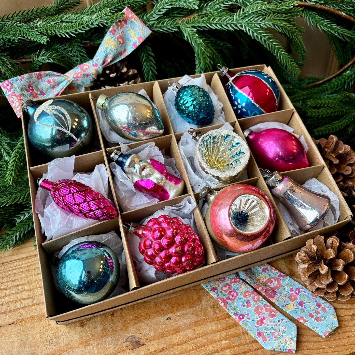 Twelve pink and blue vintage baubles
