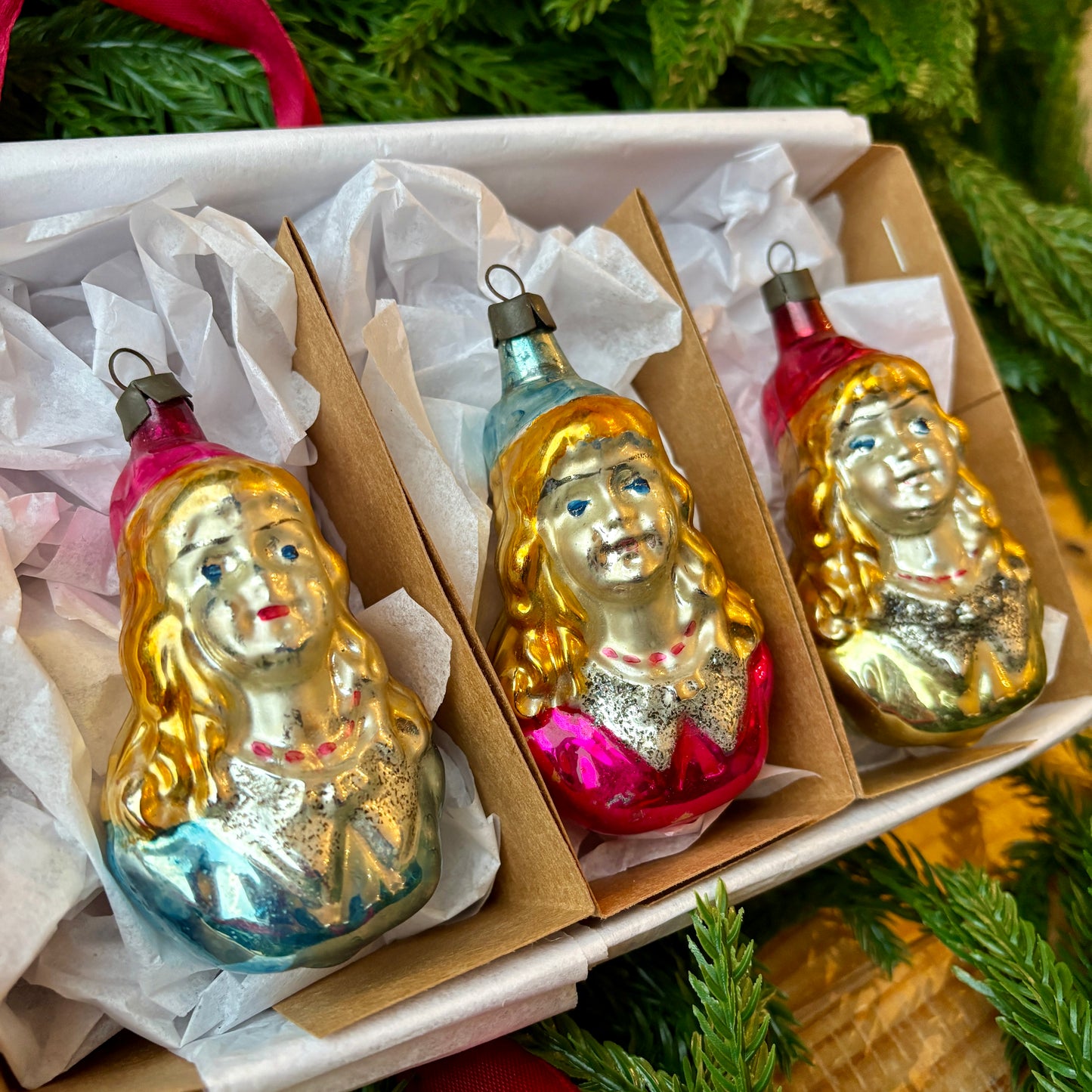 Three vintage girl baubles