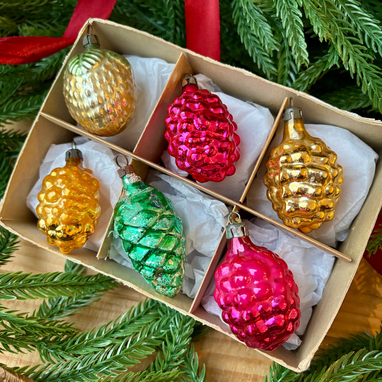 Six vintage grape baubles