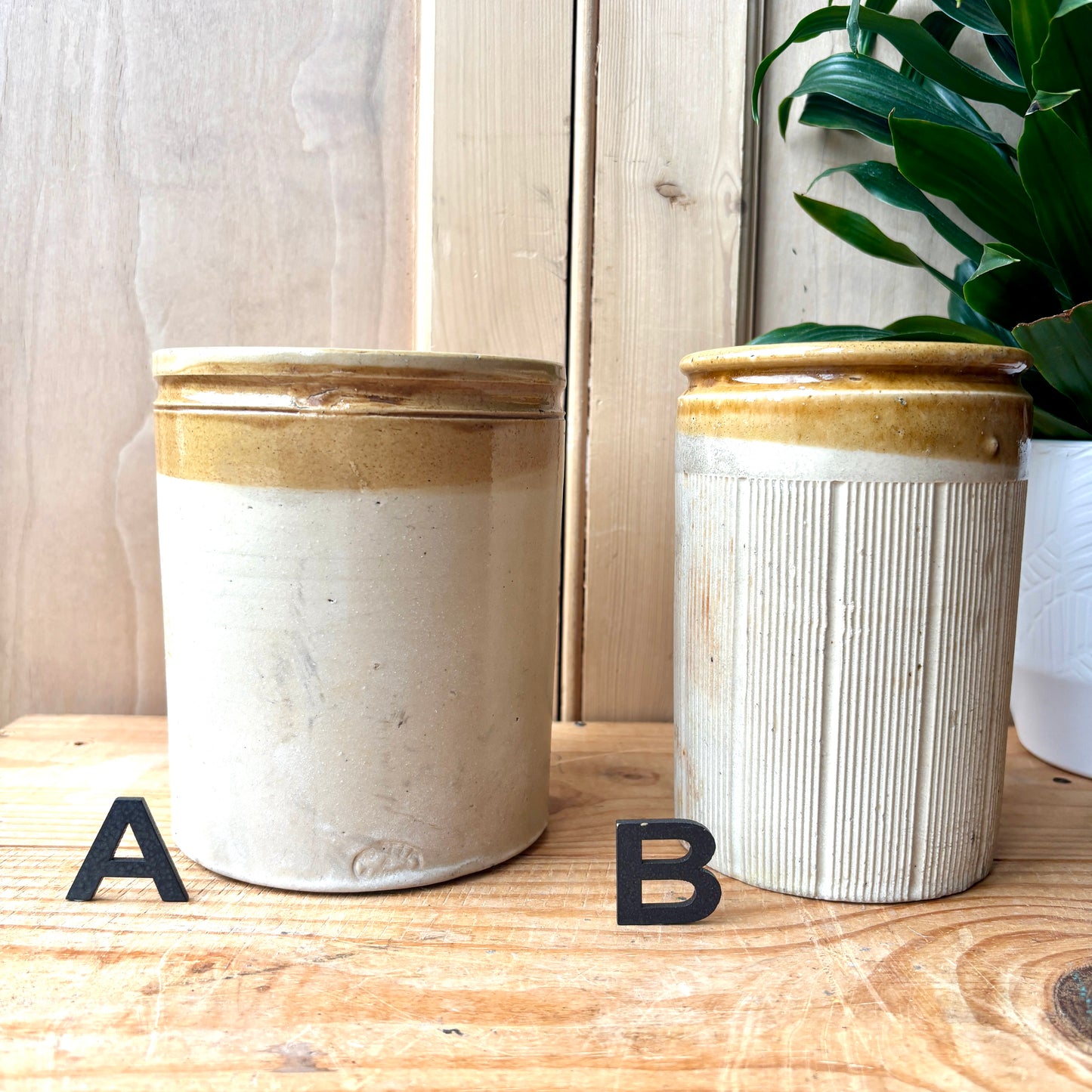 Vintage stoneware tow tone jars