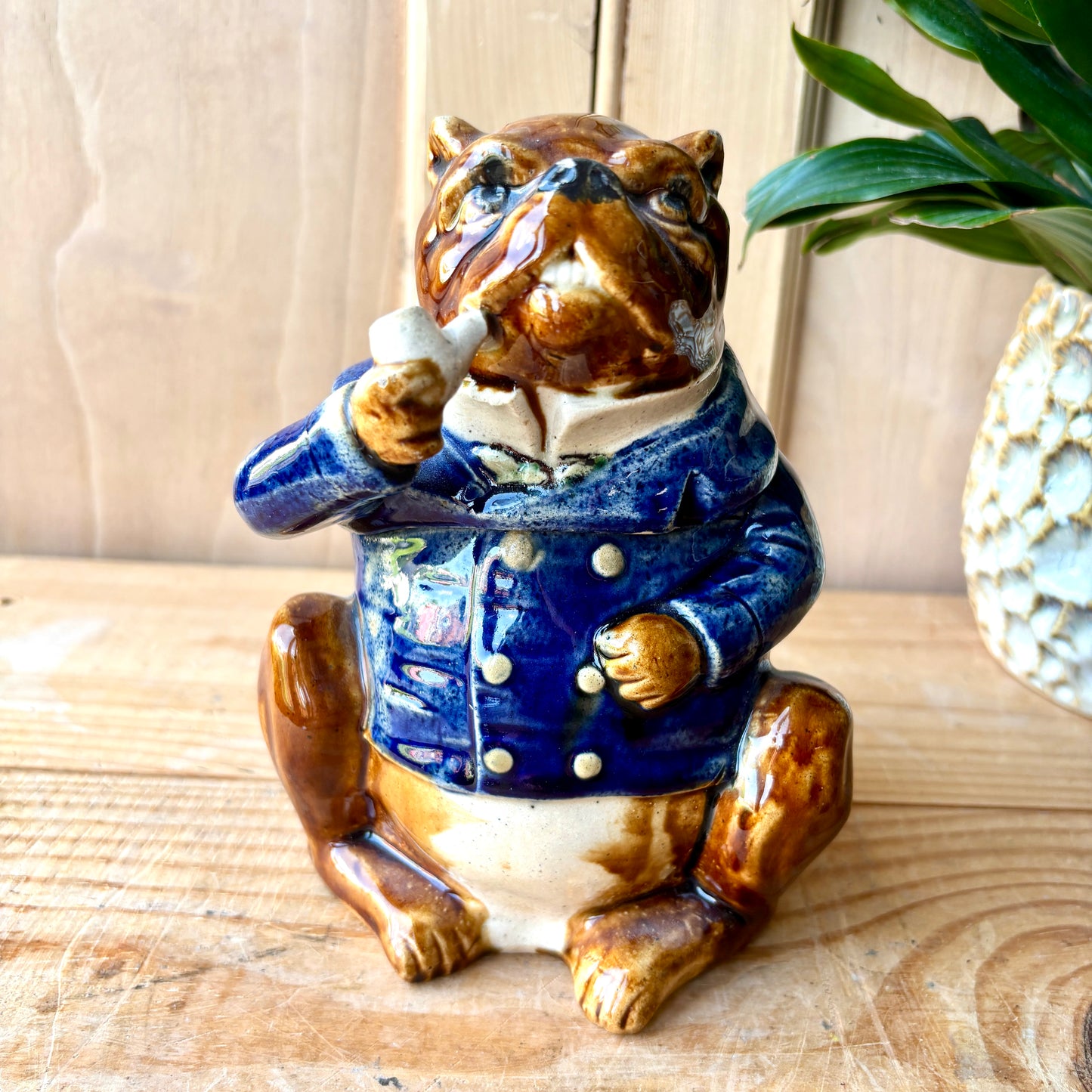 Antique French Majolica Bulldog Tobacco Jar