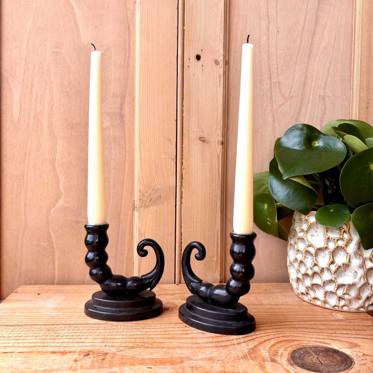 Pair of Antique Bakelite Cornucopia Candlesticks