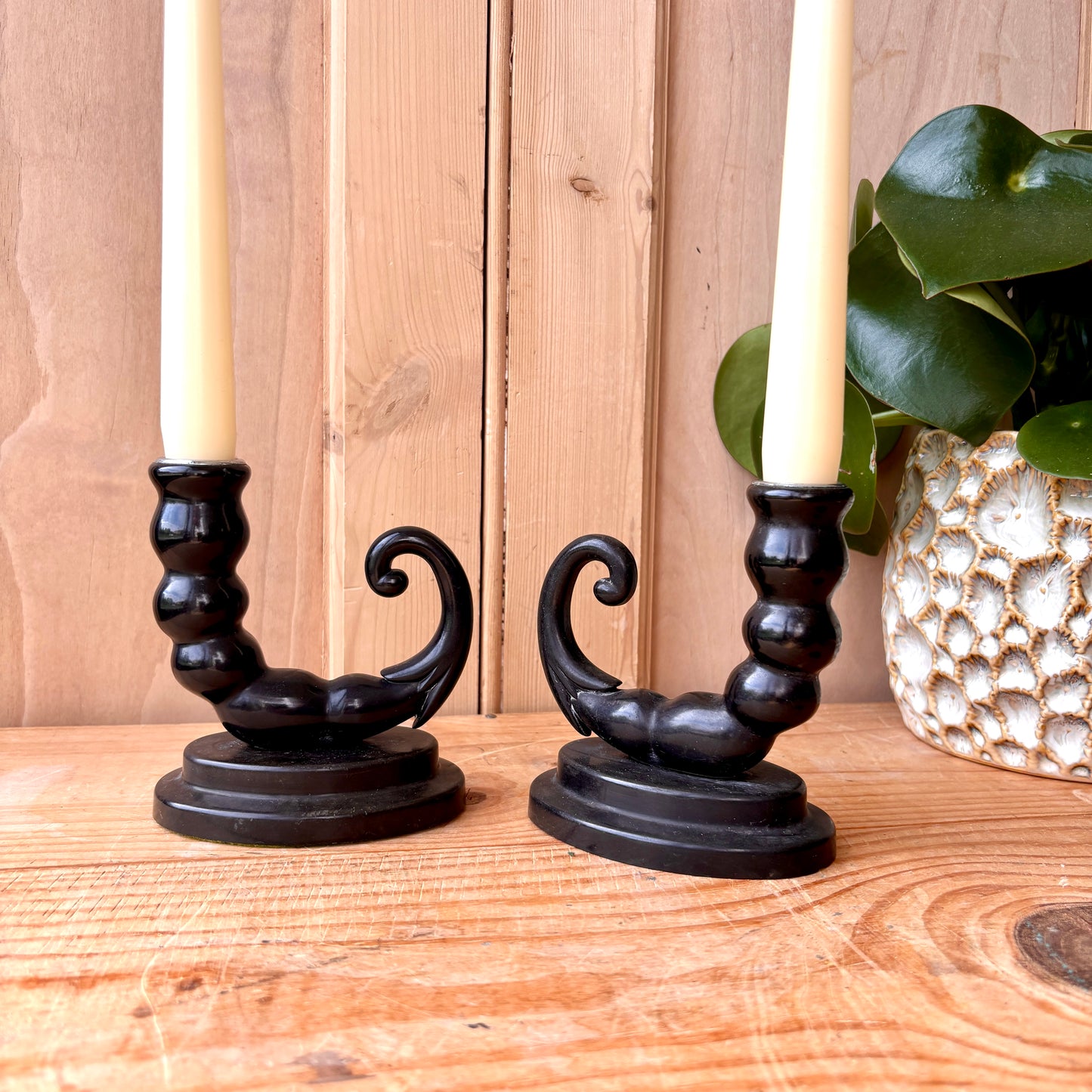 Pair of Antique Bakelite Cornucopia Candlesticks