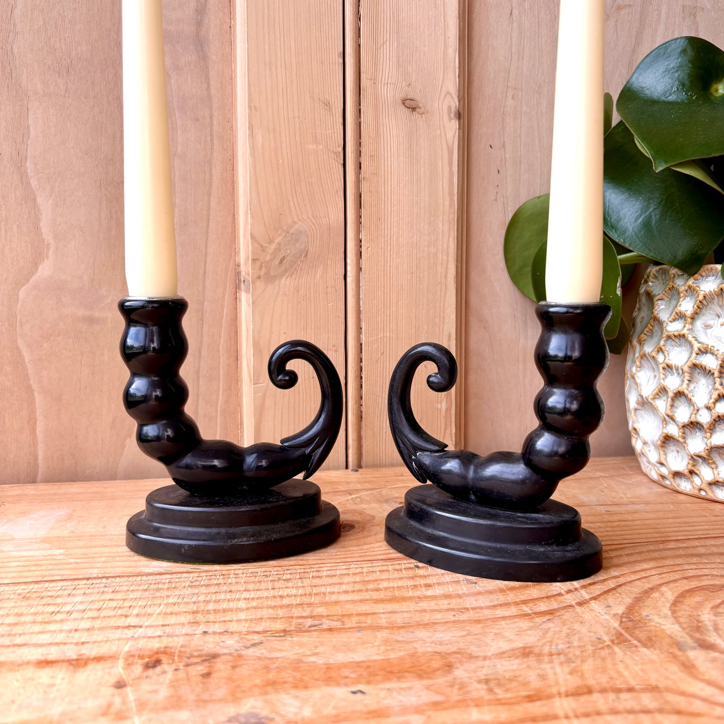 Pair of Antique Bakelite Cornucopia Candlesticks
