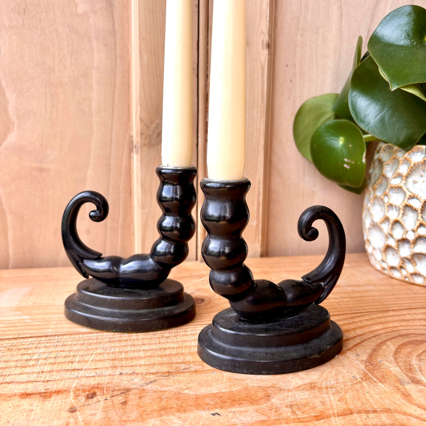 Pair of Antique Bakelite Cornucopia Candlesticks