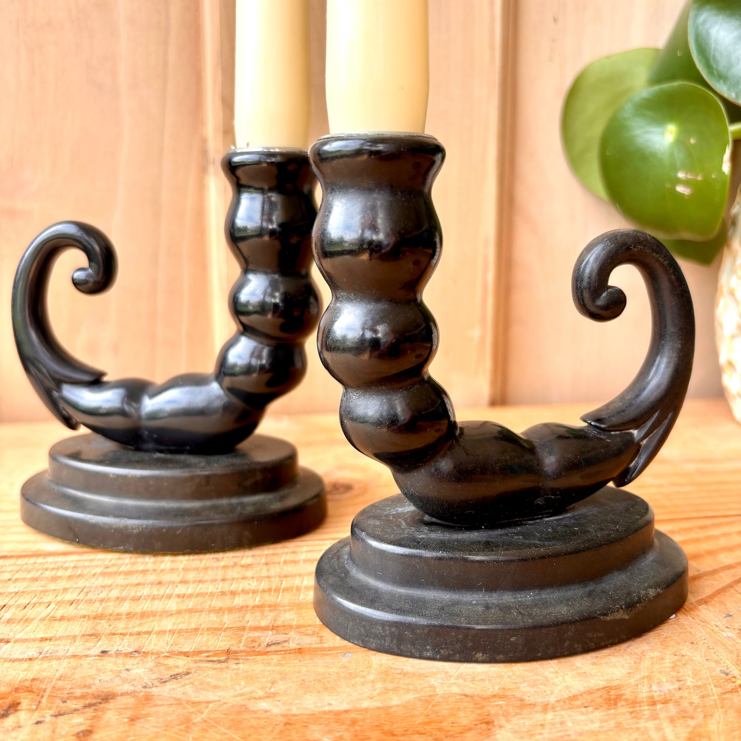 Pair of Antique Bakelite Cornucopia Candlesticks