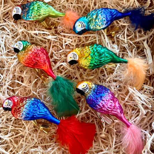 Vintage style Christmas bird baubles, Glass parrot decoration