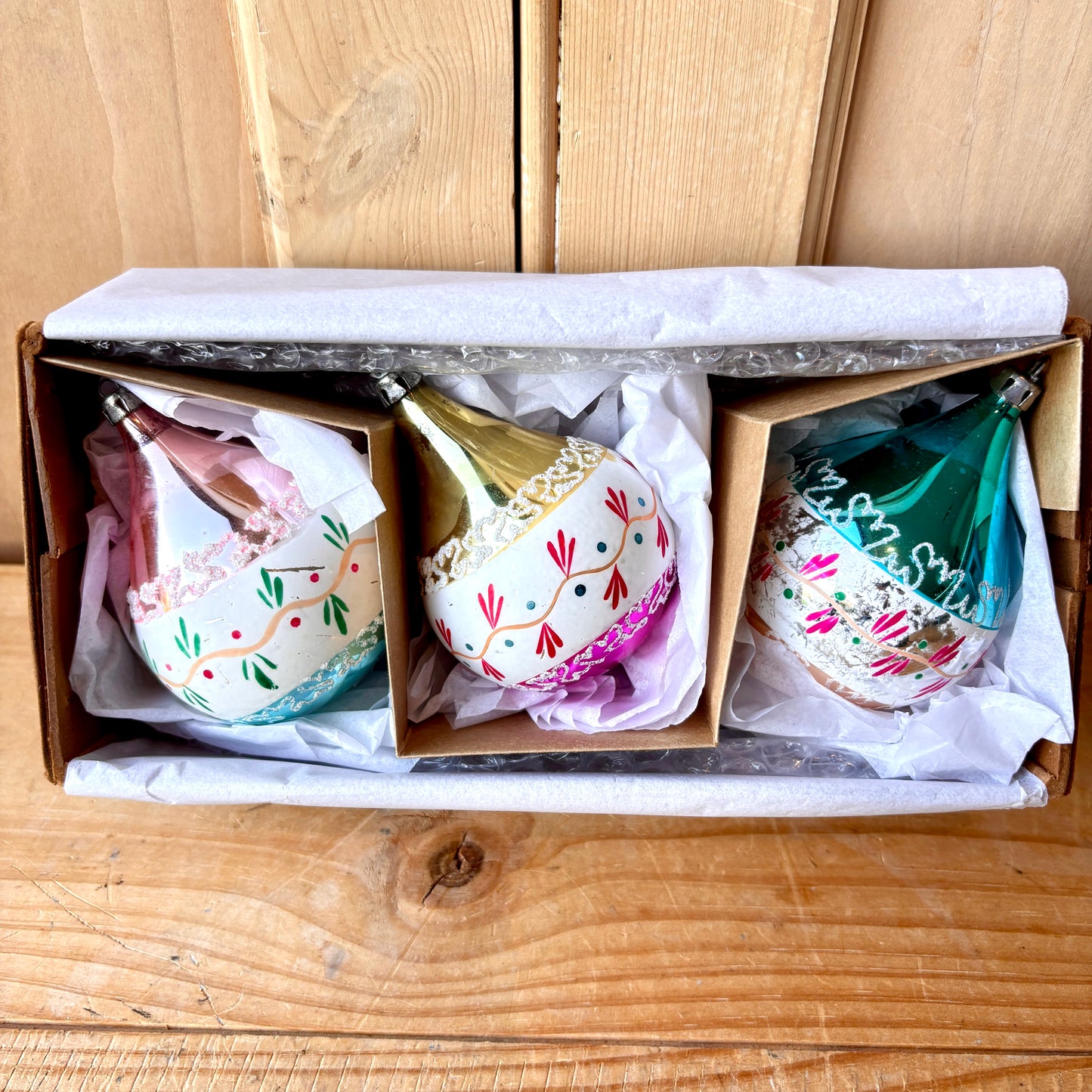 Vintage Hand Painted Droplet Christmas Bauble set of Three