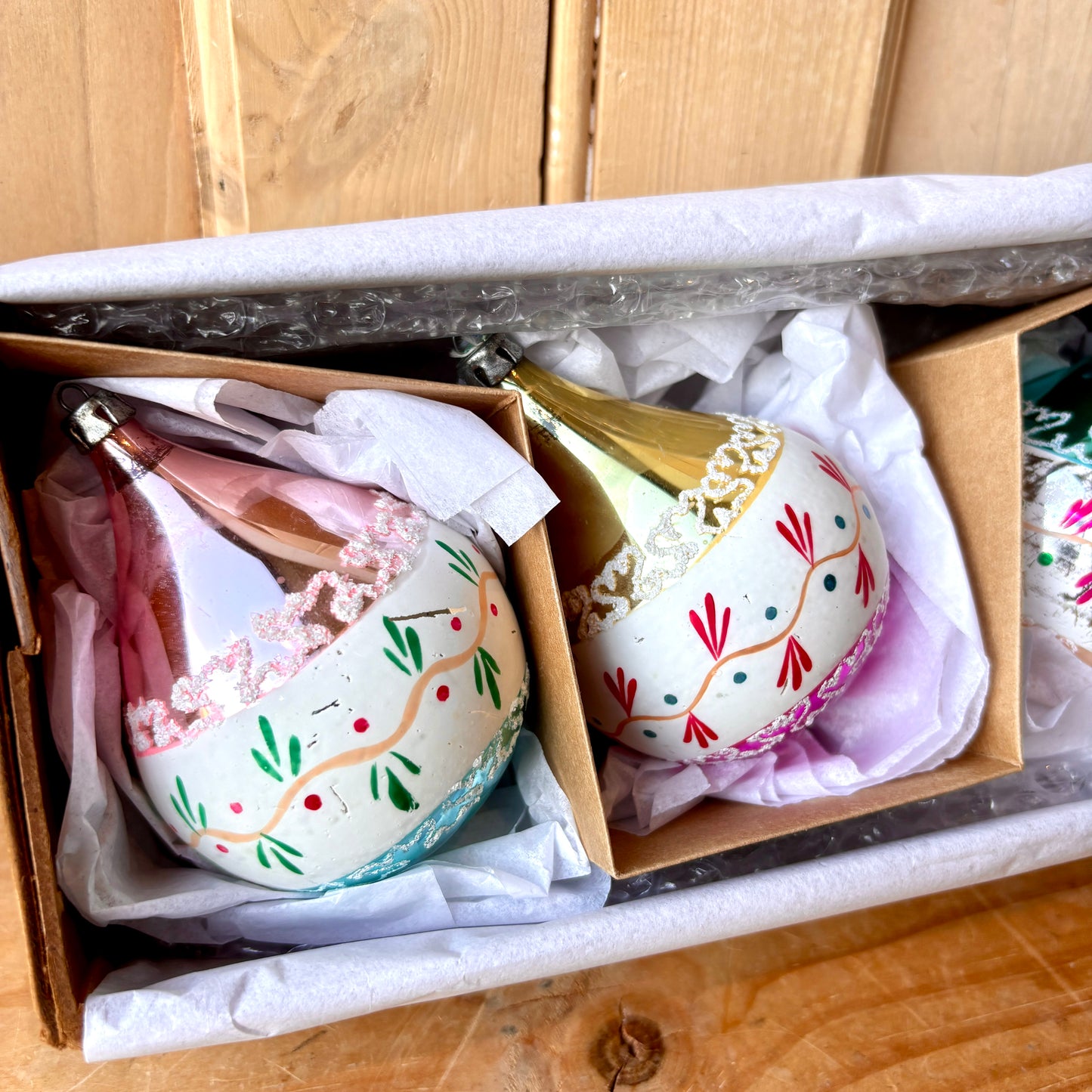 Vintage Hand Painted Droplet Christmas Bauble set of Three