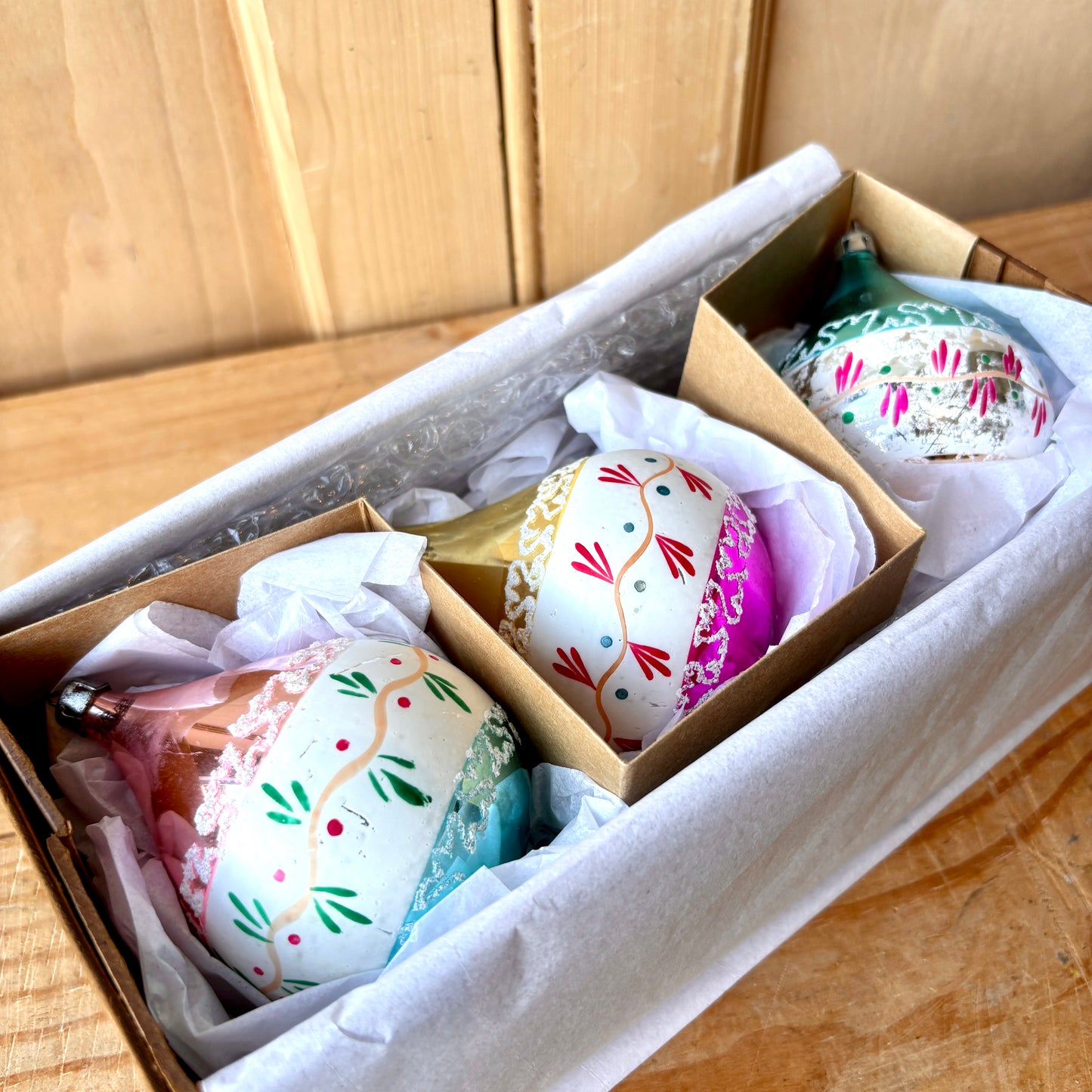 Vintage Hand Painted Droplet Christmas Bauble set of Three