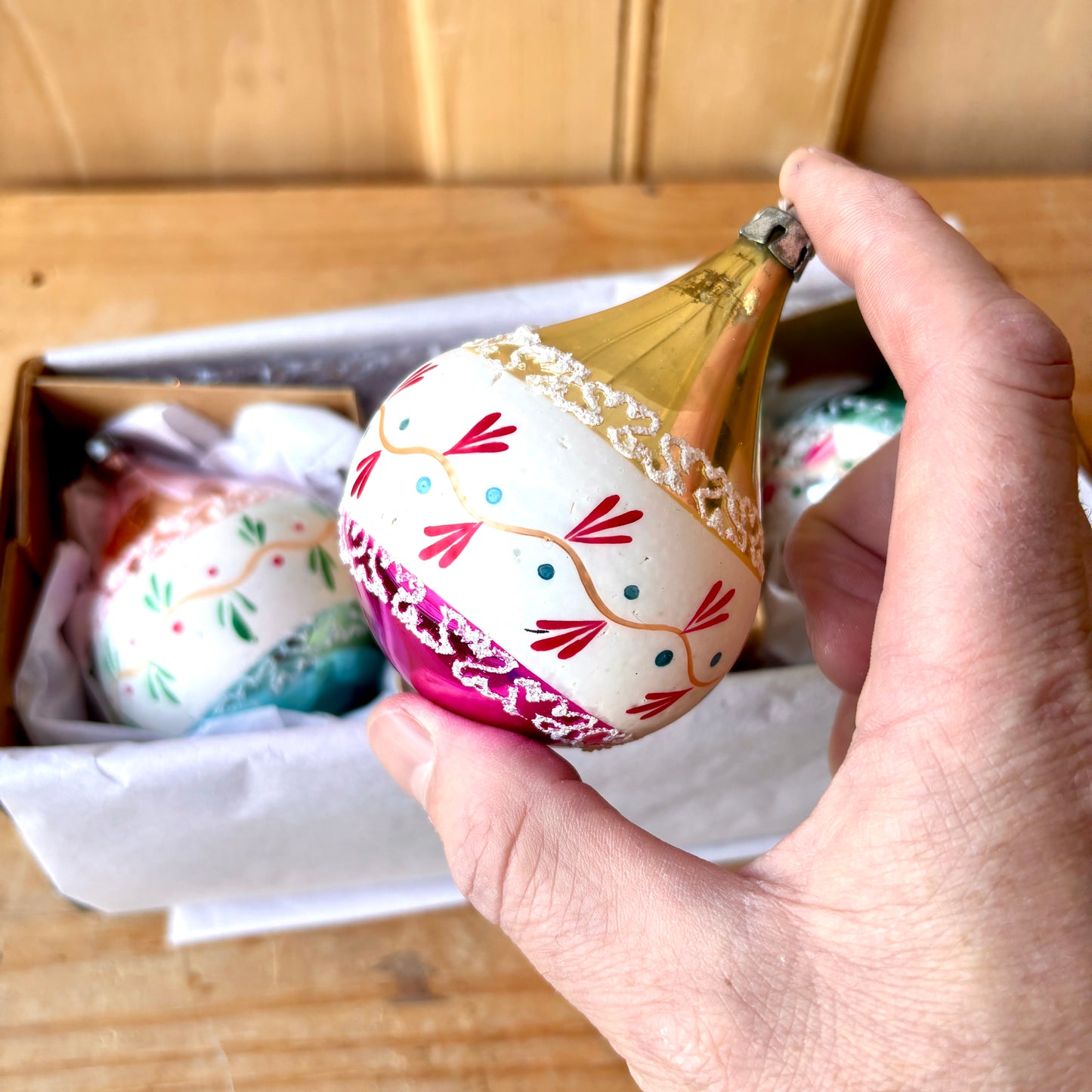 Vintage Hand Painted Droplet Christmas Bauble set of Three