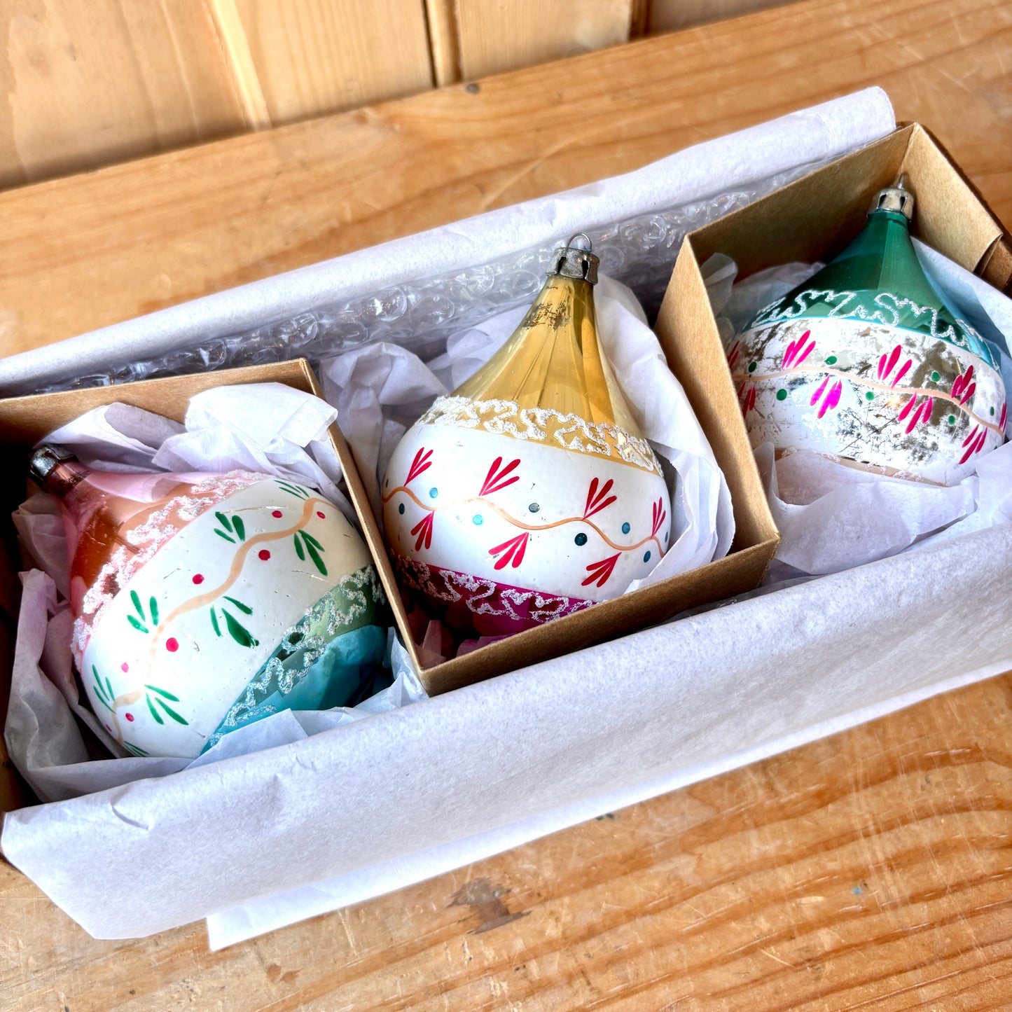 Vintage Hand Painted Droplet Christmas Bauble set of Three