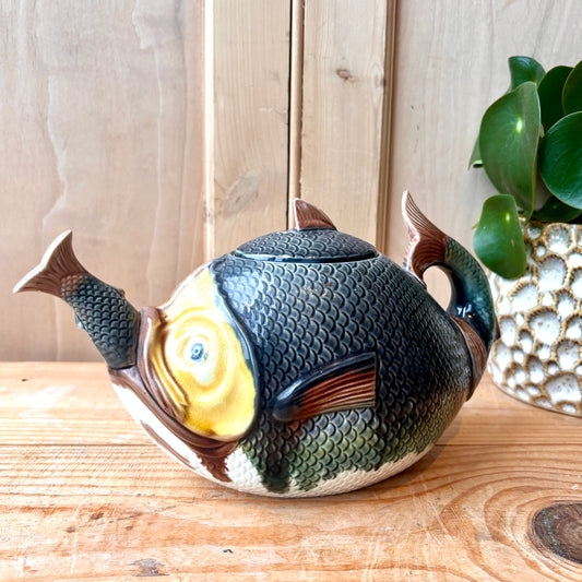 Antique Majolica Fish Swallowing Fish Teapot