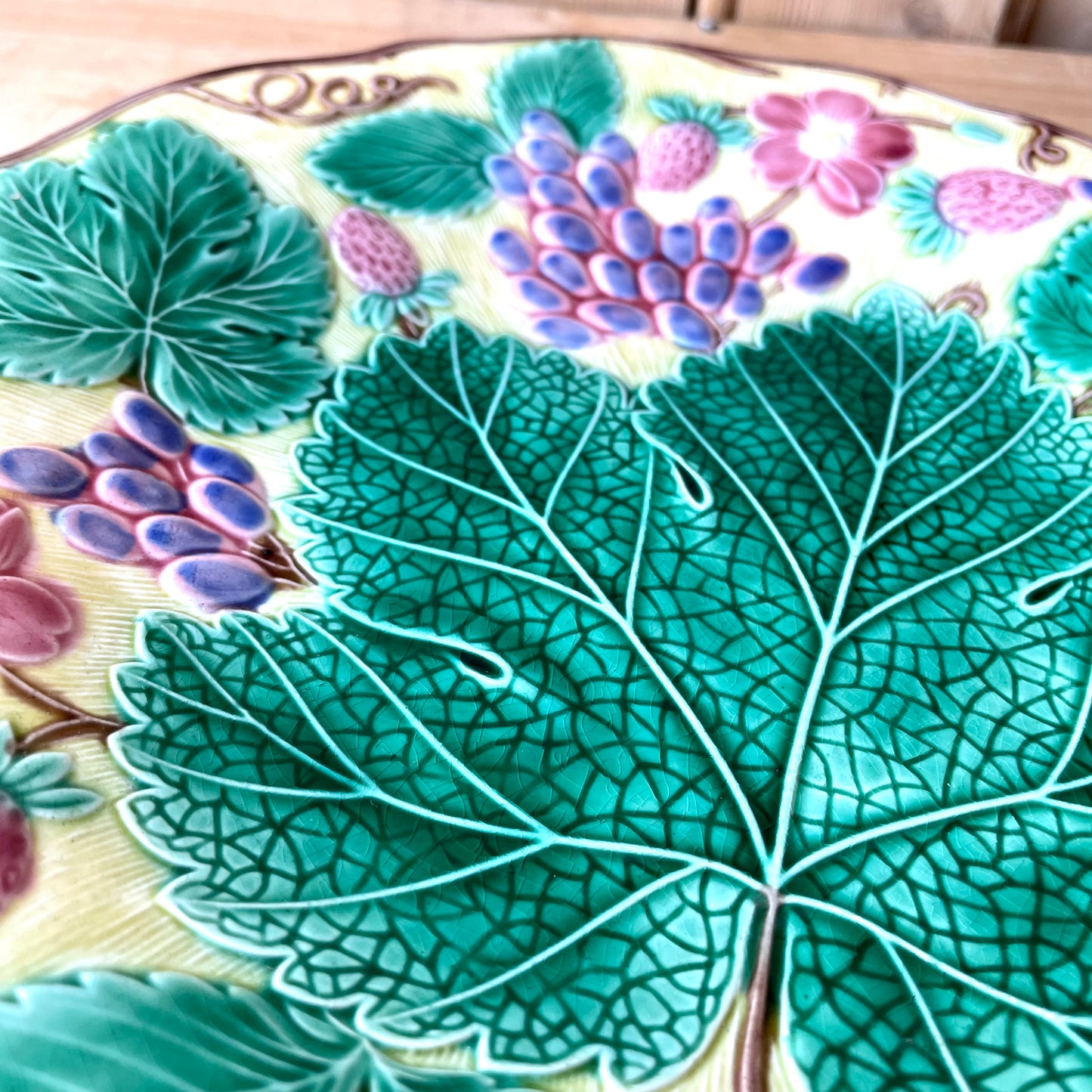 Antique Wedgwood Majolica plate "Strawberry & Vine"