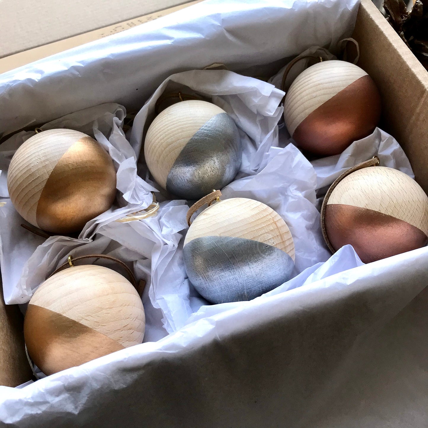 Six Scandi style wooden baubles