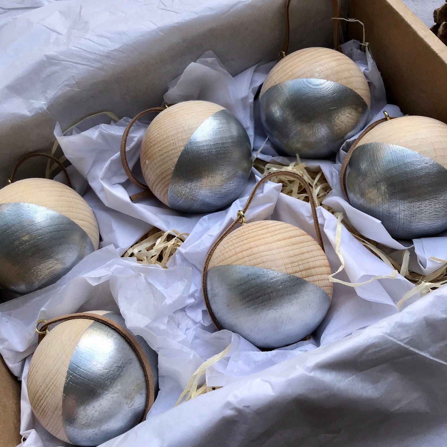 Six Scandi style wooden baubles